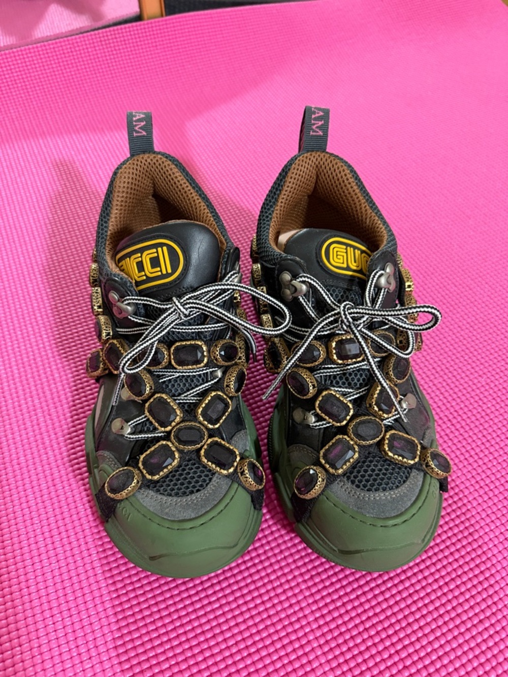 Gucci Green and Black Gem-Embellished Mesh Sneakers
